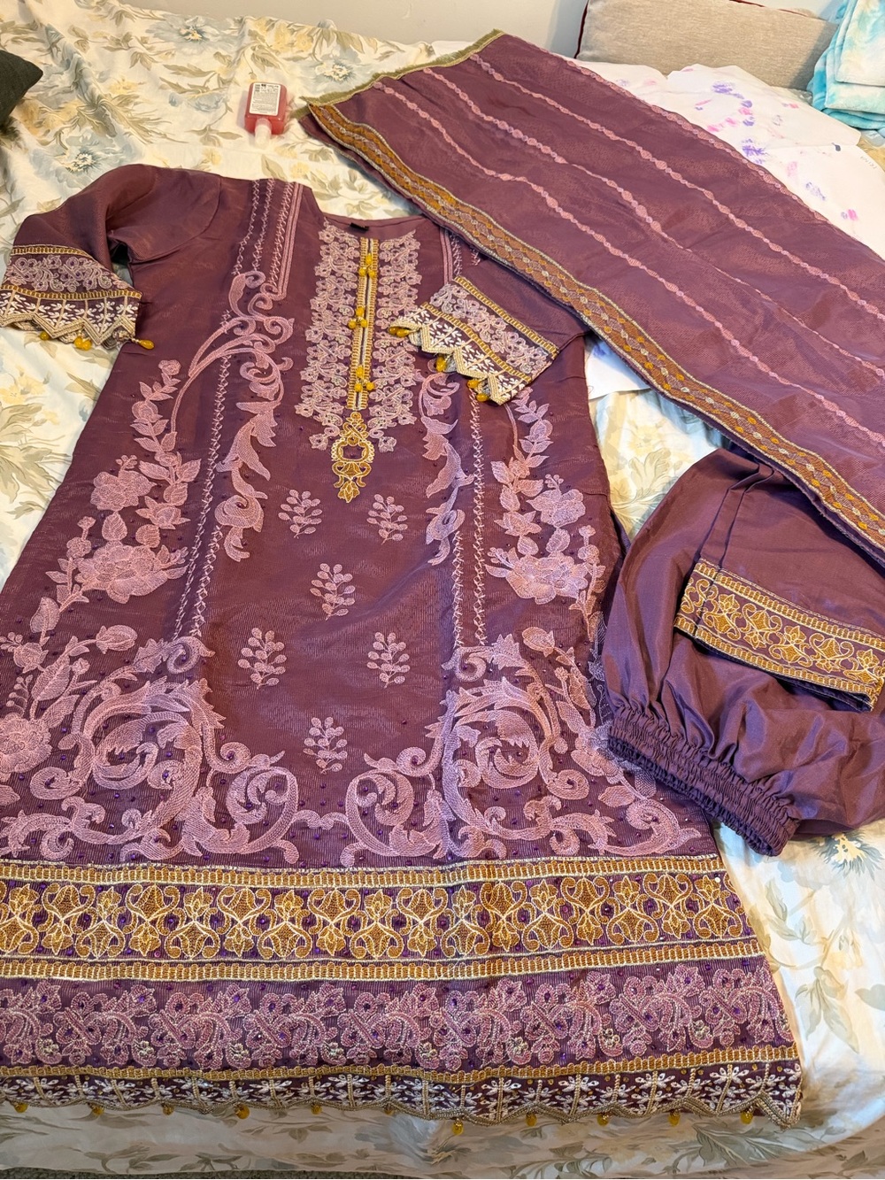 Embroidered Plum Salwar Kameez Set with Dupatta size 44